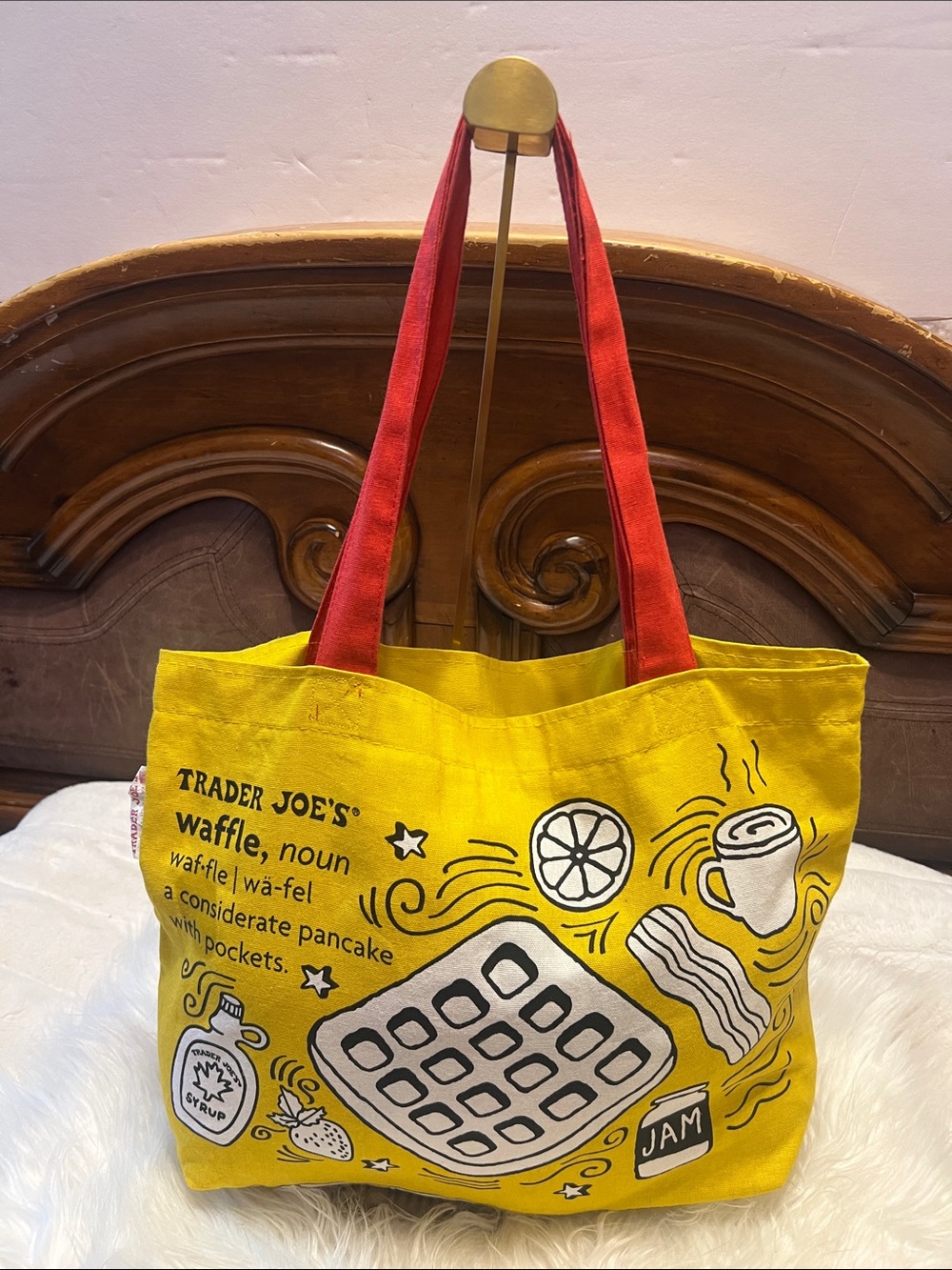 Trader Joe's vintage Yellow Breakfast Graphic with Red Straps tote bag